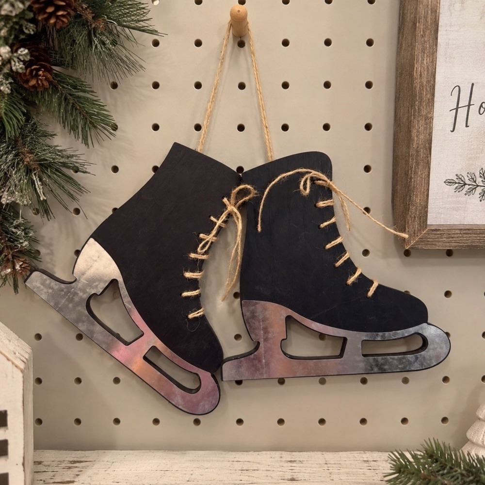 Wooden Ice Skates Wall Decor 9" Pair Black Rustic Farmhouse Winter Christmas